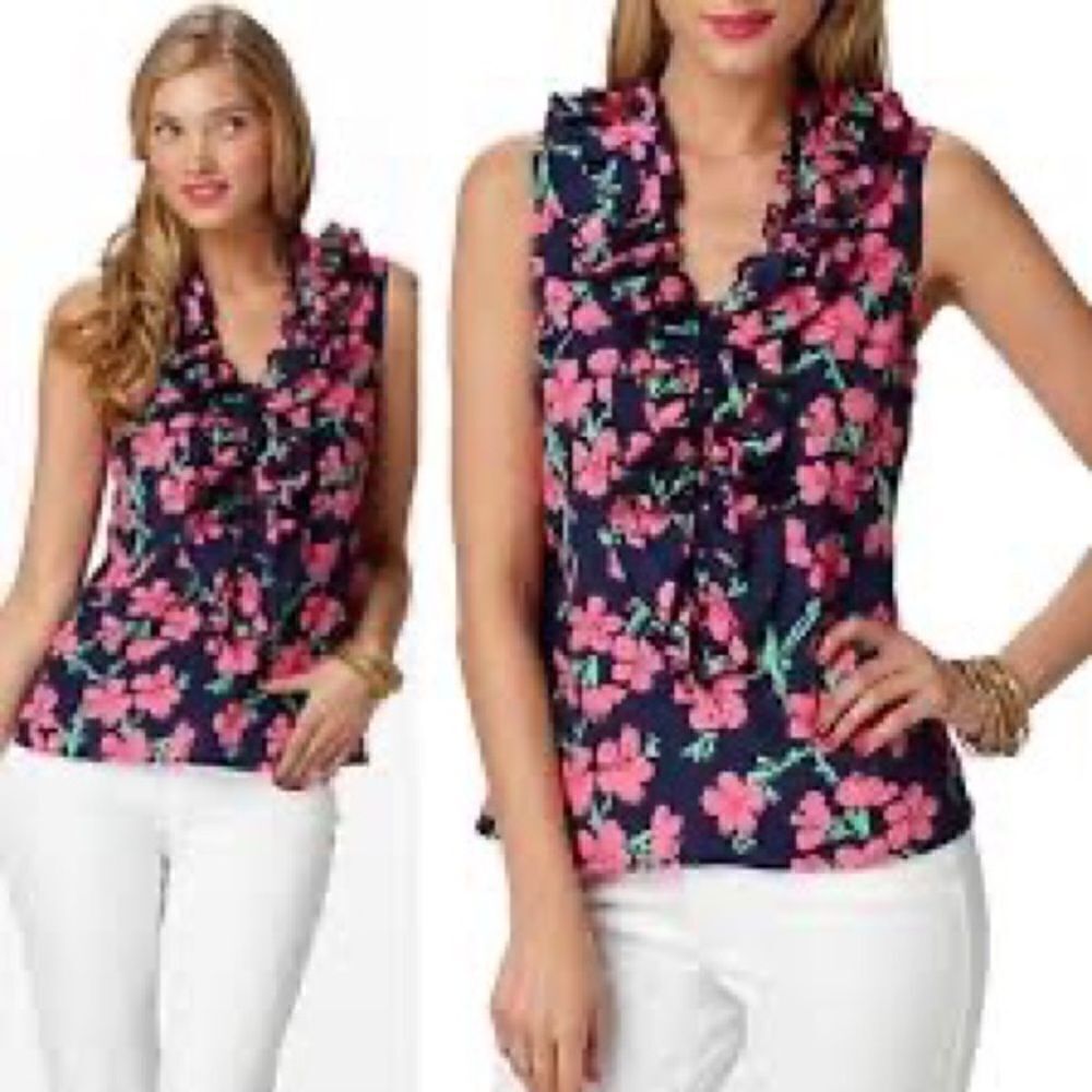 NWOT Lilly Pulitzer Allison Navy Pink Floral Ruffled Tank Top Sz XS Host Pick